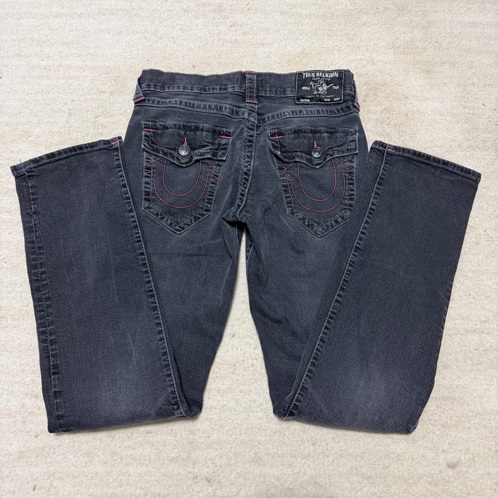True Religion Ricky Relaxed Straight Jeans Black Pink Stitch Denim Women's 31